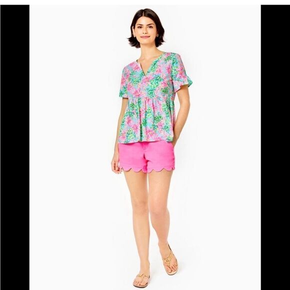 Lilly Pulitzer Jodee Ruffle Sleeve Swing Floral Top - Surf Blue So Shellegant XS - Picture 2 of 9